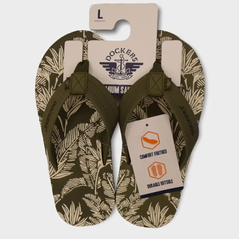 Dockers Premium Flip Flops Green Tropical Palm Print Youth L 2-3 Sandals